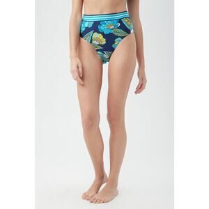 NWT Trina Turk Pirouette Navy High Waist Banded Printed Swim Bottom 10